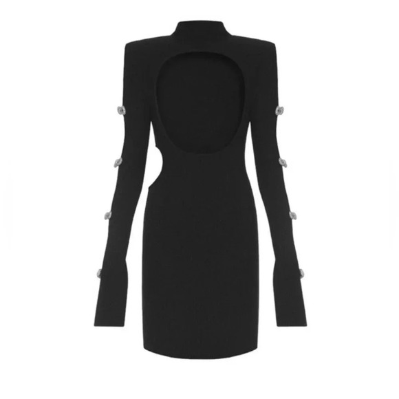 NWT MACH & MACH Crystal Embellished Bow Cut-Out Mini Dress Black Knit Size 10 - Picture 3 of 16